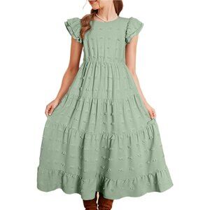 Lightweight Polka Dot Maxi Dress with Ruffle Sleeves for Girls 6-15 Years